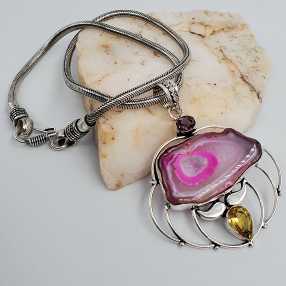 Handmade Jewelry - Large Silver Pendant/Chain Genuine Agate Citrine